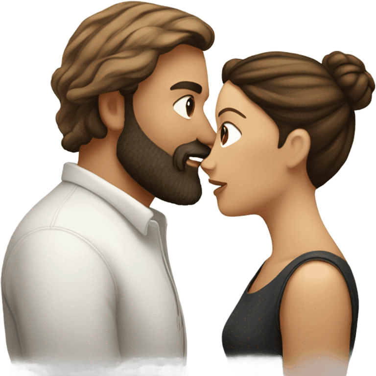 bearded man white with brown hair in a bun kissing a brunette woman emoji