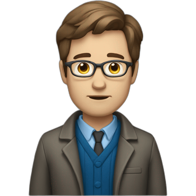 Librarian looking tired with brown hair, grey glasses, male, wearing jacket, blue eyes emoji