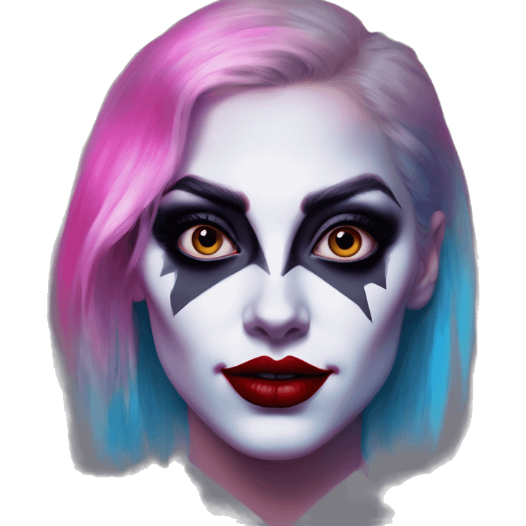 Synthwave Opera in Harley Quinn style, oil paint, mysterious eyes, intricate lips, masterpiece portrait, odd perspective, beautiful, desirable, logical emoji