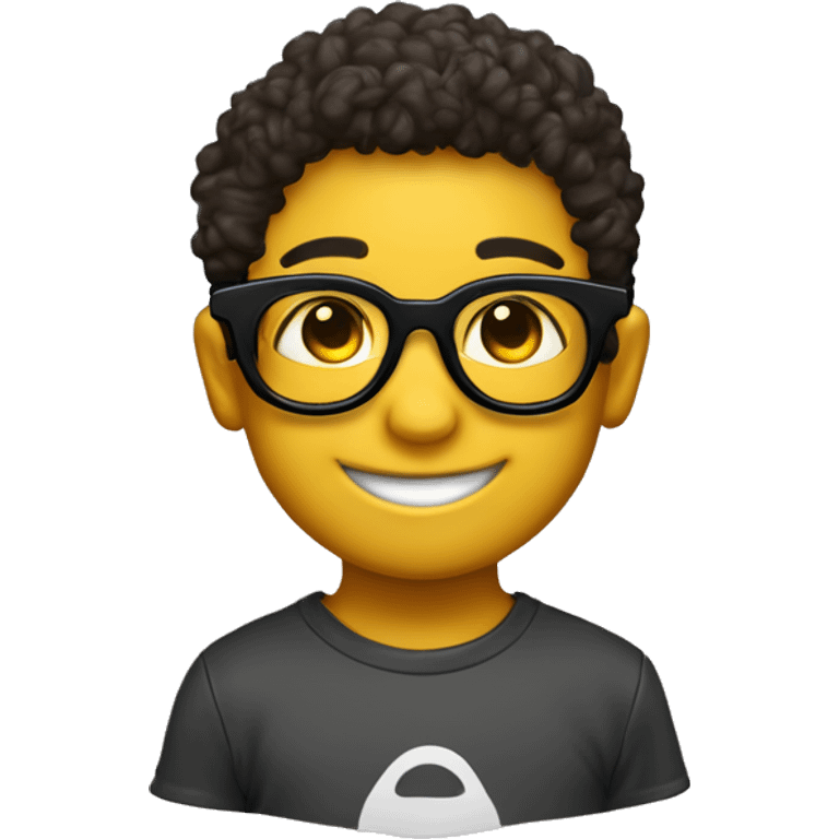 Un niño sonriente con unos lentes negros de sol con una remera con cuellito de color mostaza emoji