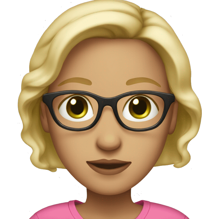 female, blonde, black rimmed glasses, green eyes, pink shirt, light skin emoji