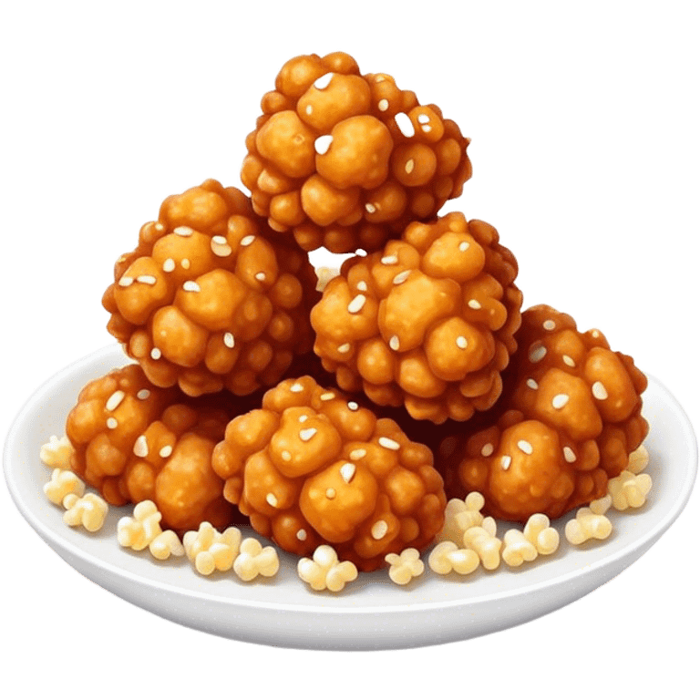 Korean Fried Chicken Cinematic Realistic Korean Fried Chicken Dish Emoji, depicted as bite-sized popcorn chicken pieces generously coated in a glossy, spicy sauce, rendered with crisp textures and dynamic, appetizing lighting. emoji