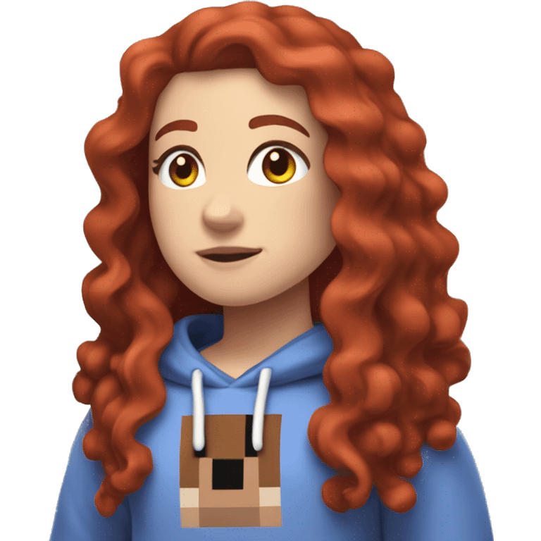 a white girl with long red curly hair, wearing periwinkle Minecraft hoodie playing a videogame emoji