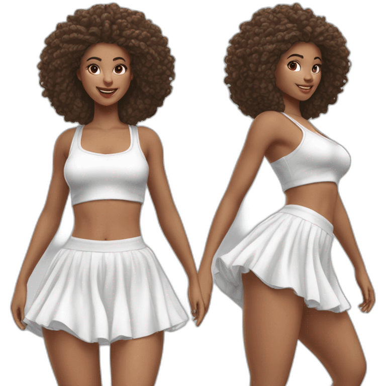 Hyperrealistic Full body Caucasian curvy beauty jumping short white skirt back and front views strong wind knickers long white socks emoji