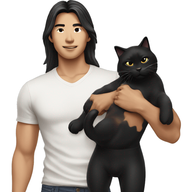 Model Long hair Asian man with abs holding black cat emoji