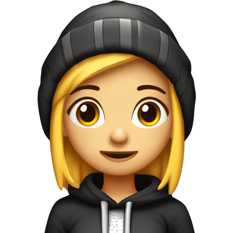 chica gamer de pc, peliroja, poleron con gorro negro, en distintas expresiones emoji