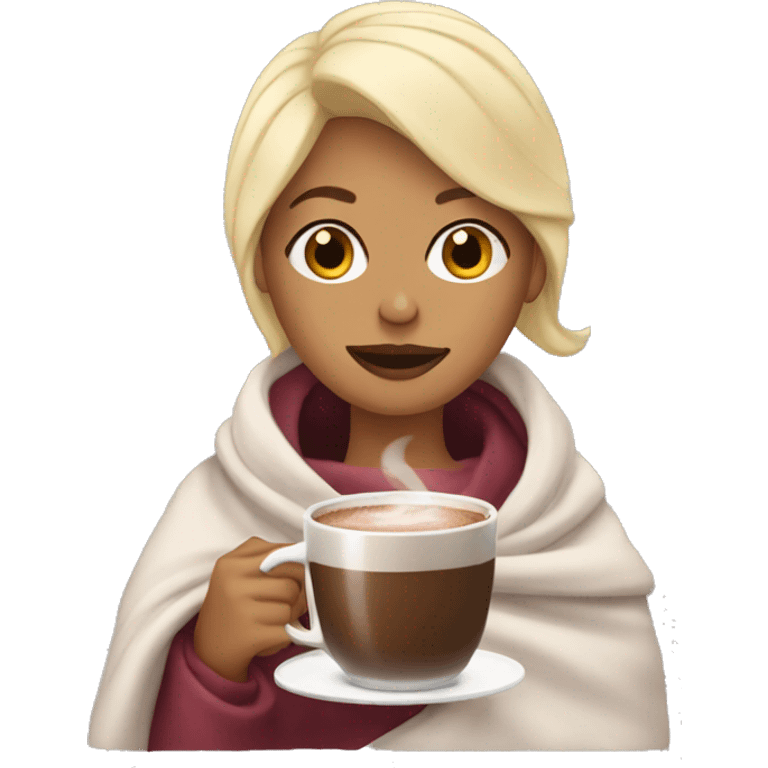 Blonde woman in blanket with hot chocolate emoji