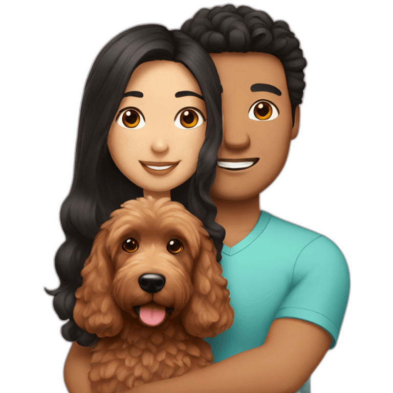 Mexican guy with brown hair and asian girl with long black hair holding red goldendoodle emoji