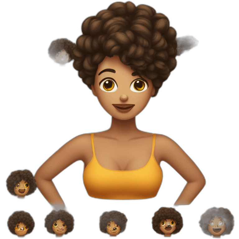 Mujer pelo corto y rizado con pomerania emoji