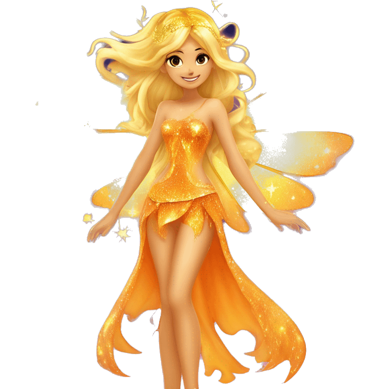 Stella adult latina fairy of the sun and the moon in her enchantix fairy orange two-piece clothing and fairy enchantix wings and long blonde hair from winx club. Lots of sparkles and fairydust. Full body pic and full fairy bliss emoji