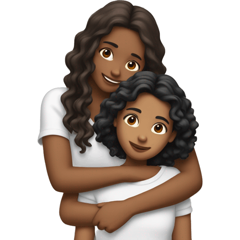 a brown skinned woman with long brown curly hair hugging a younger white skinned girl with mid length straight black hair emoji