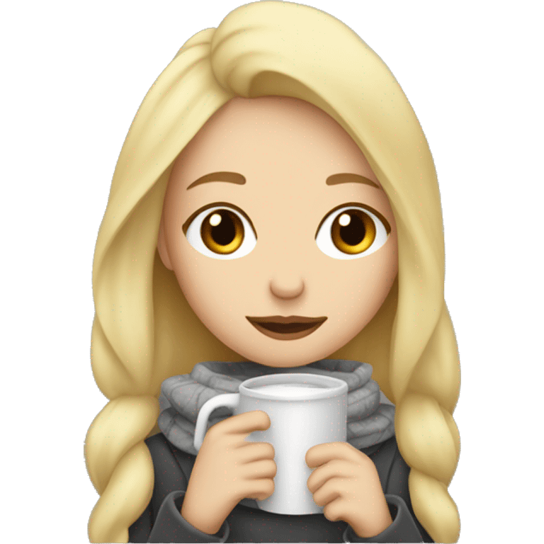 Blonde girl being cold, drinking hot coffee and being cozy emoji