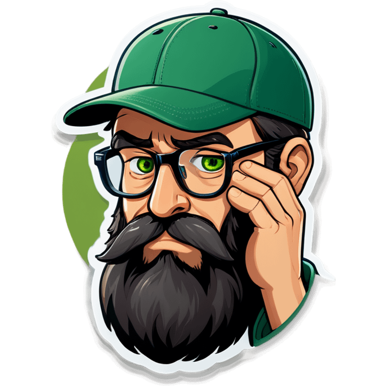 A man with a grey baseball cap, green eyes, big dark brown beard and glasses, facepalm emoji