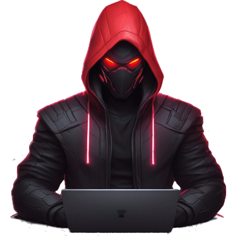 developer behind his laptop with this style : crysis Cyberpunk Riot Games Valorant neon glowing bright red character red dark black hooded assassin themed character emoji