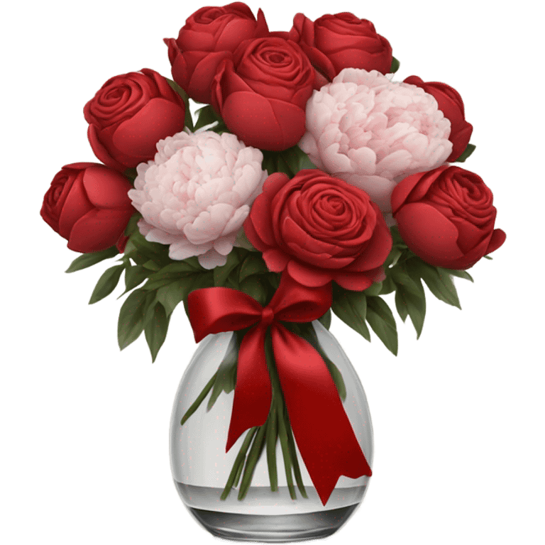 red and black bouquet of roses and peonies tied with a red ribbon in a glass vase emoji