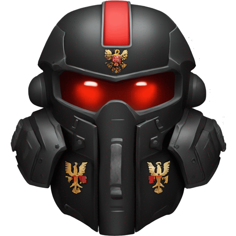 Black Space Marine 40K helmet with red lenses, featuring the Russian coat of arms. emoji