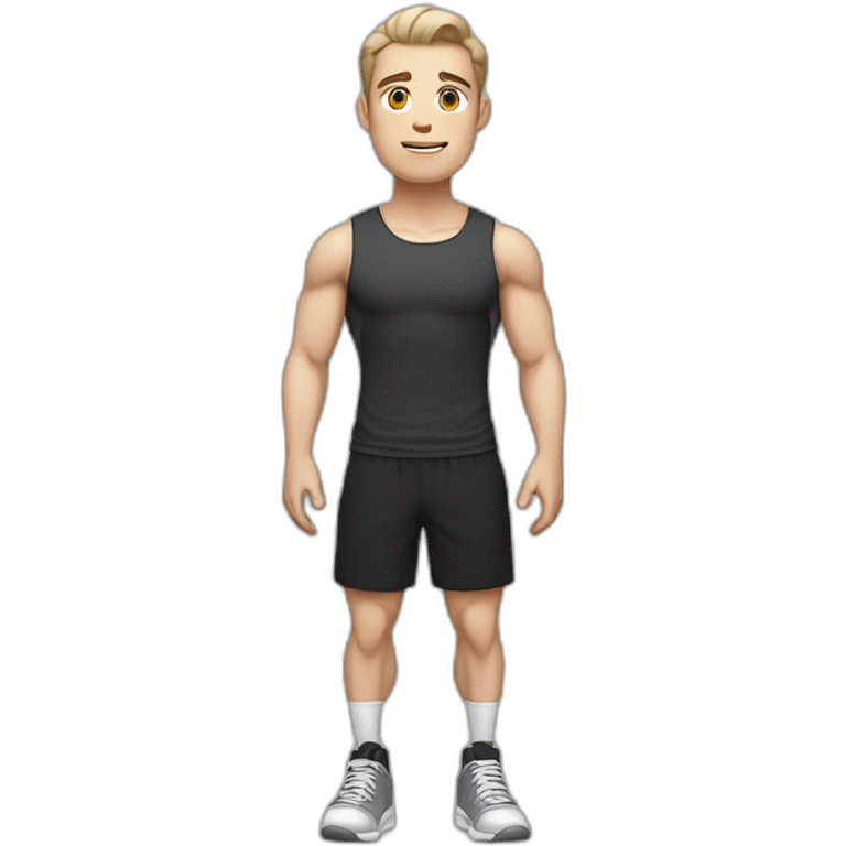 Pale skinned Fit Man With the biceps and dark brown hair in black shirt, gray sports shorts and white Sneakers emoji