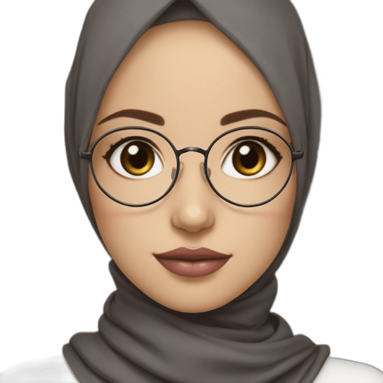 Hijab black color white fair skin girl brown eyes wearing round circular metal glasses, no make up, big cheeks, almond eyes, pink lips, triangle nose emoji