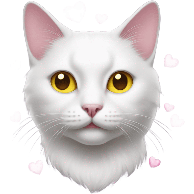 Realistic White cat with yellow eyes, pink hearts over head  emoji