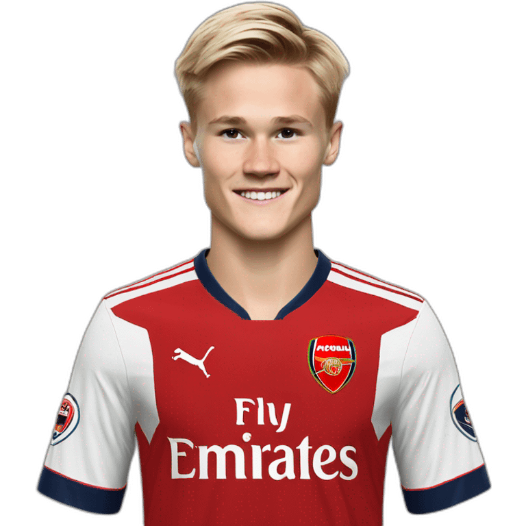 Martin Odegaard celebrates wearing an Arsenal shirt emoji