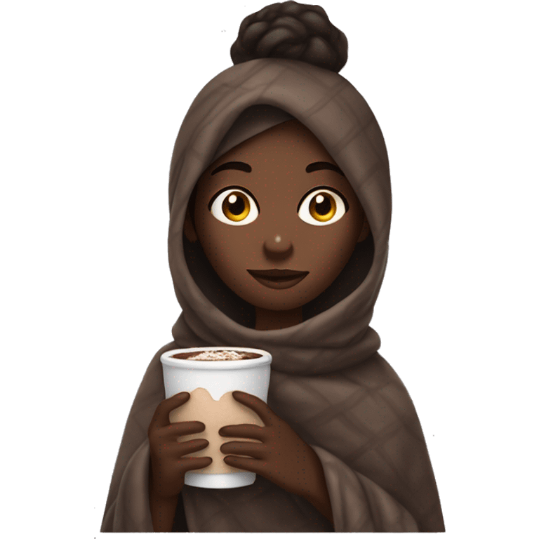 dark brown skin girl covered in a blanket holding hot chocolate  emoji