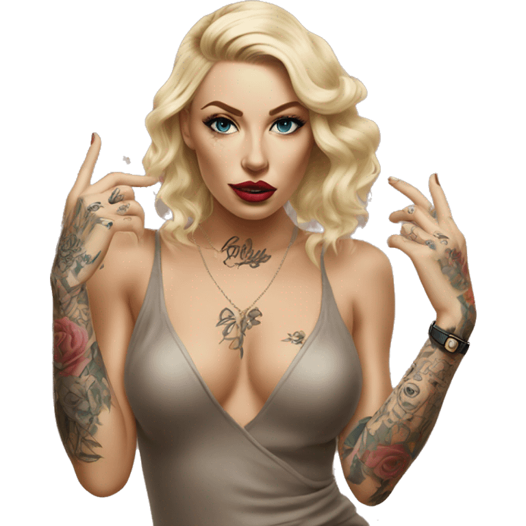 Blonde elegant women, her Body Covered with Tattoos, POINTING ON YOU with her HAND , Hyper realistic emoji