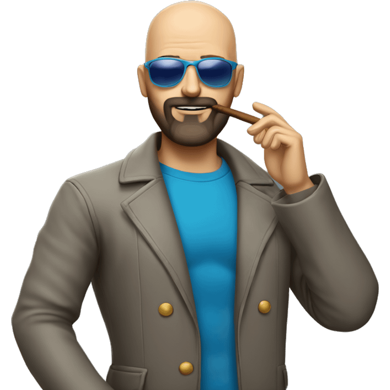 Bald man with brown beard and blue sunglasses.  Smoking cigar emoji