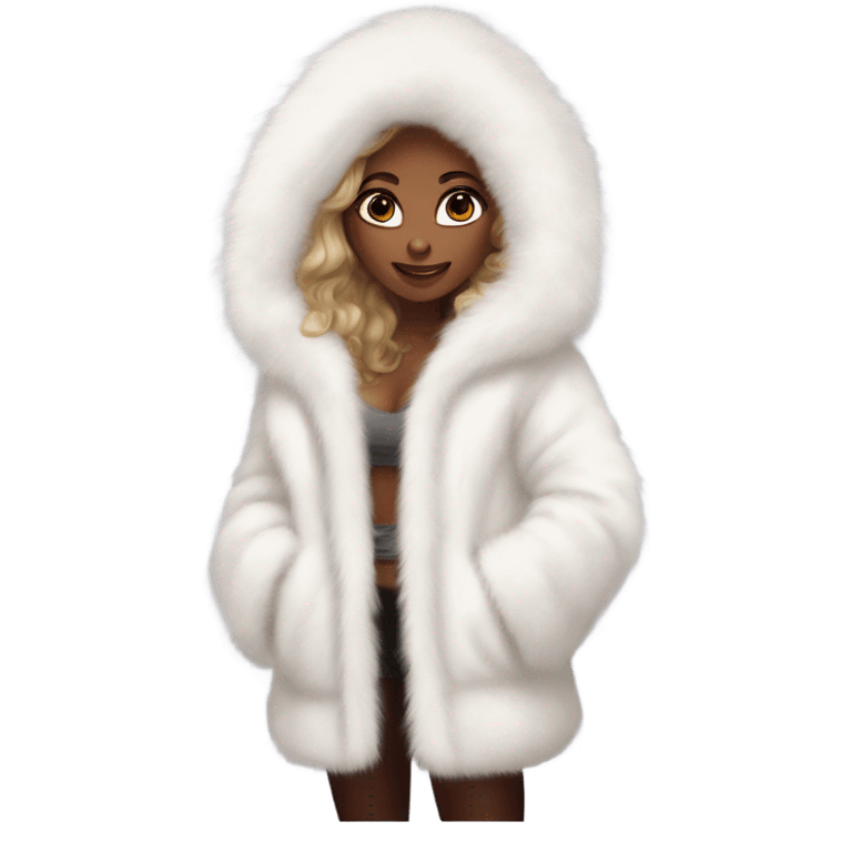 Tanned Girl with lashes ,  in an extremely big fluffy oversized white fur coat with hood on. The fur is real and it’s very obvious big and fluffy like in Pinterest  emoji