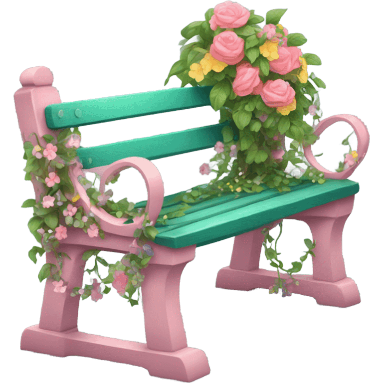 Pink garden bench wrapped in flower, vines, & lights  emoji