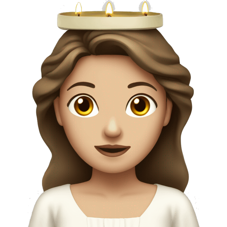 brown haired women with white gown and candle olive crown emoji