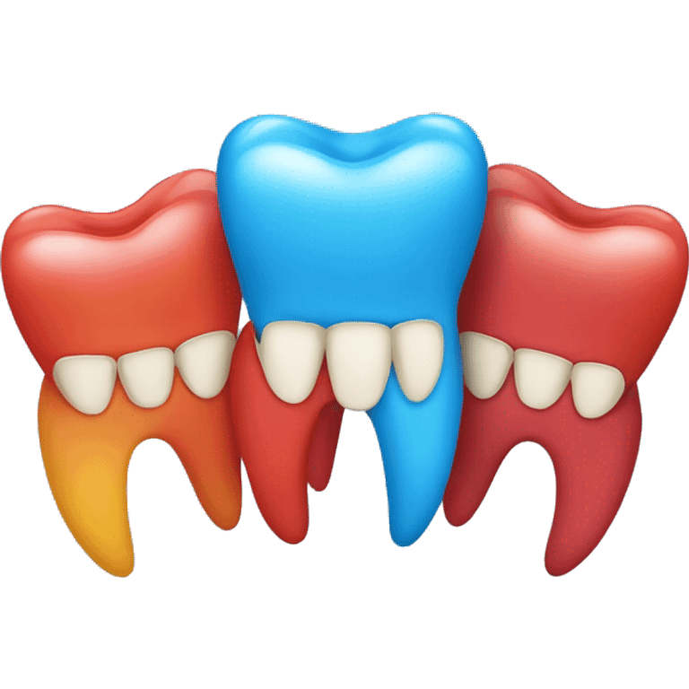 Create an emoji that represents three human teeth together, aligned horizontally. The first tooth should be blue, the second red and the third yellow.
 emoji