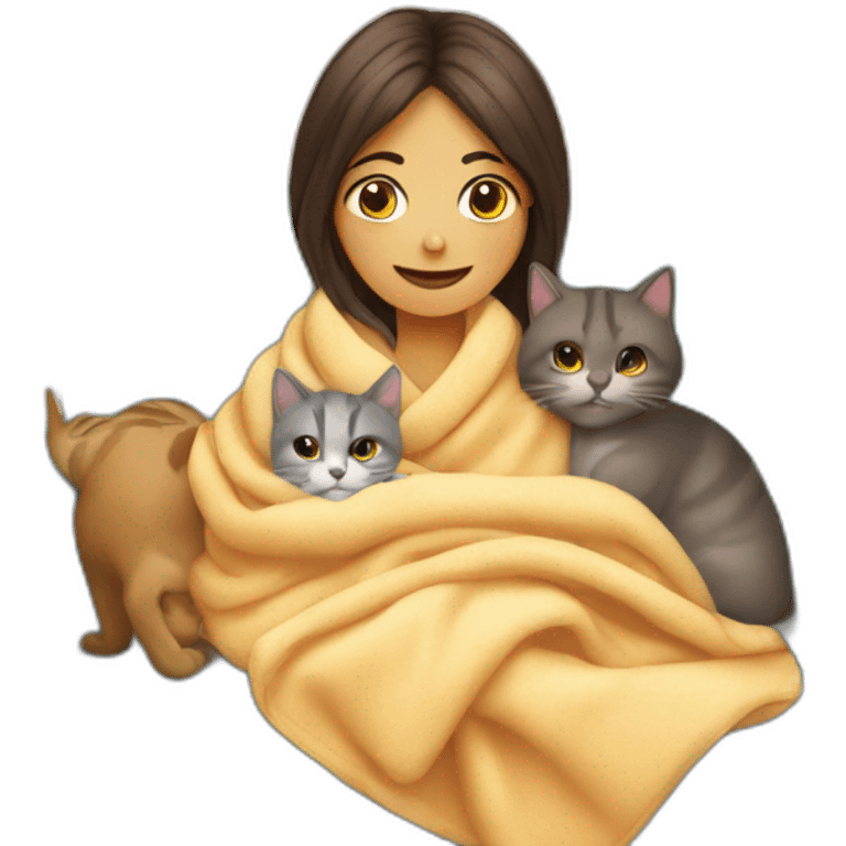 a girl wrapped up in a blanket on the sofa with two cats next to her emoji