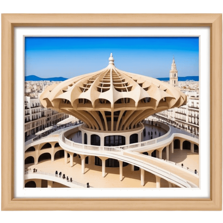 Cinematic Realistic Metropol Parasol Landmark Emoji, depicted with a modern wooden structure set against a vibrant cityscape rendered with detailed textures and dynamic, contemporary lighting. emoji