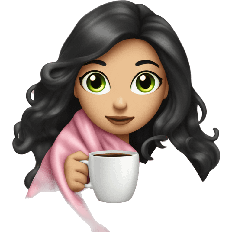 Pretty woman very long black hair green eyes curled up in a pink blanket with a coffee mug  emoji