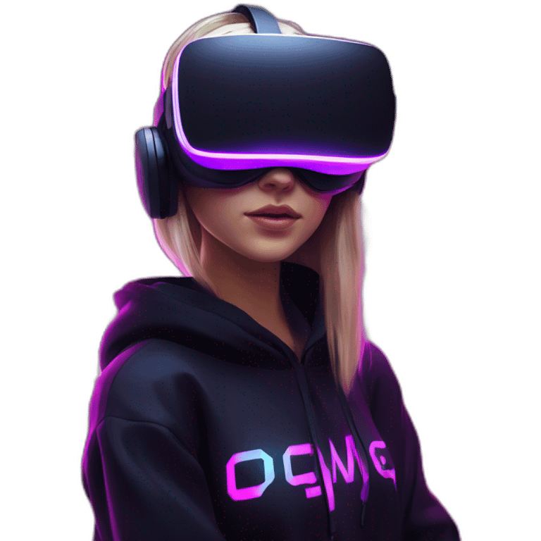 Russian girl wearing a black hoodie with "OMG" letters on it and VR headset in a cyberpunk VR environment with violet neon lighting. emoji