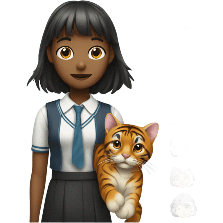 A schoolgirl with bangs holding a Bengal ocelore emoji