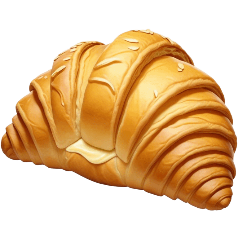 Cinematic golden croissant, perfectly flaky with crisp layers, slightly cracked to reveal buttery soft interior, warm golden glow, highly detailed and inviting. emoji