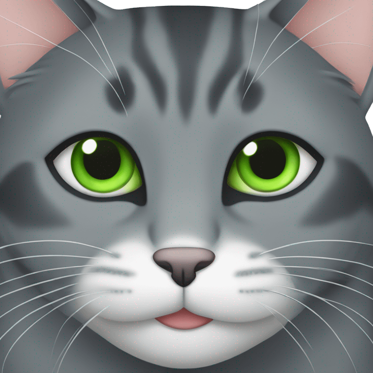 a dark grey and light grey cat with green eyes, eating catnip emoji