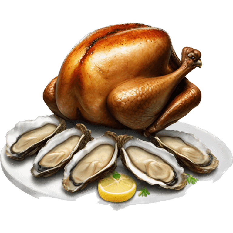 Standing Turkey next to slices of very Burnt dark toast and oysters emoji