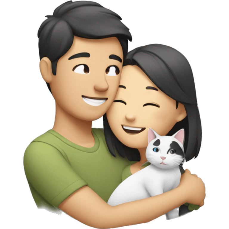 Asian Couple hugging each other with a cat emoji