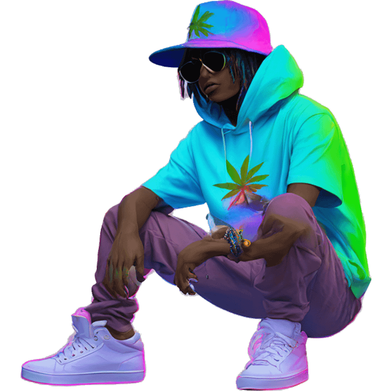 Hemp leaves Multicoloured neon person smoking wearing hoodie dancing hip hop bucket hat tropical Skater fashion aesthetic baggy clothes graphic t shirt 420 emoji