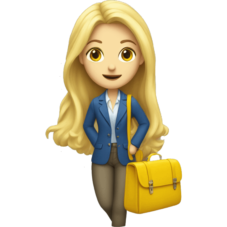 Long blond hair girl with blue blazer and yellow short scarf holding travel bag  emoji