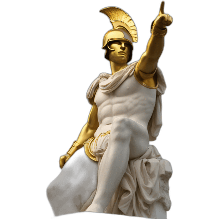 Roman sculpture with golden Trojan helmet pointing its finger to the sky emoji