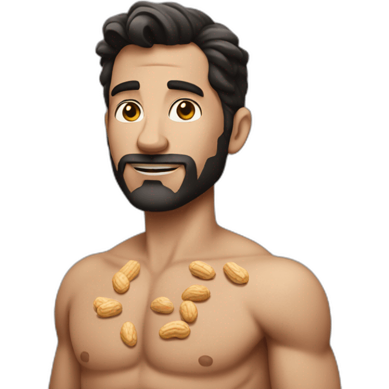 White Man with dark hair holding peanuts with no shirt tattoos emoji