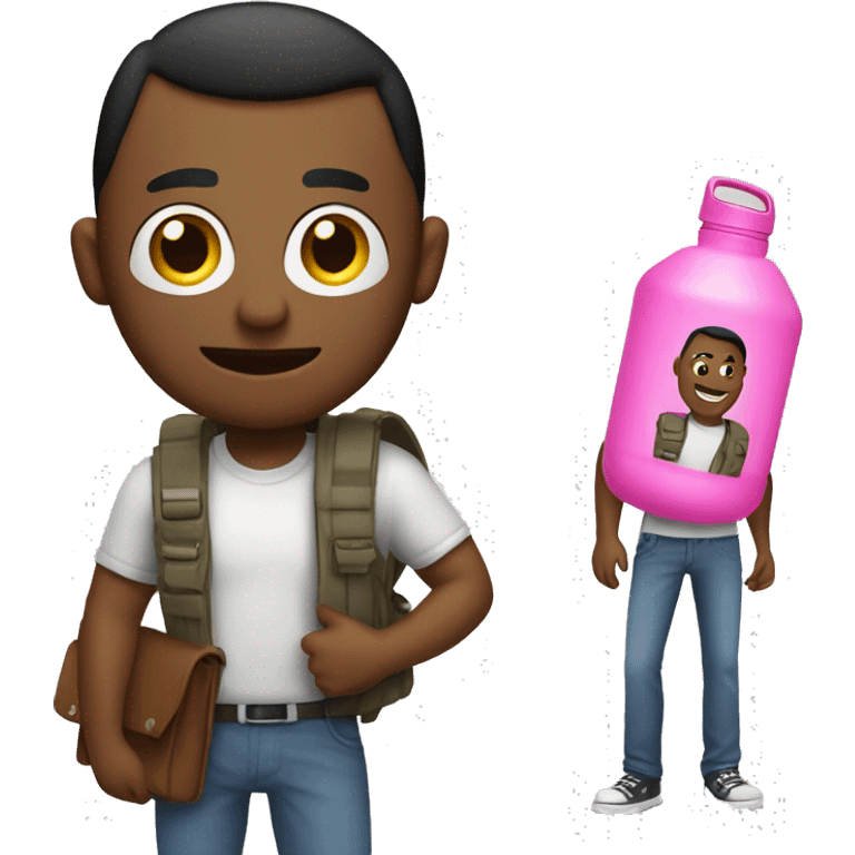 man standing with a bag carried on one shoulder and a pink metal water bottle in one side of the bag emoji