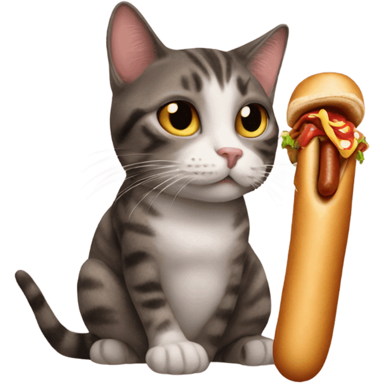 Cat smoking a cigarette while eating a hotdog emoji