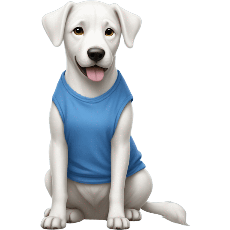 A fully white dog with a blue tank-top also with blue baggy jeans emoji