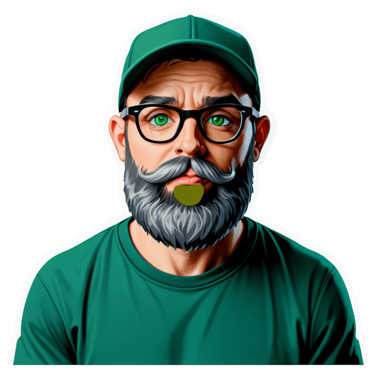 A bold man with a grey baseball cap, green eyes, big beard and glasses blows a kiss emoji