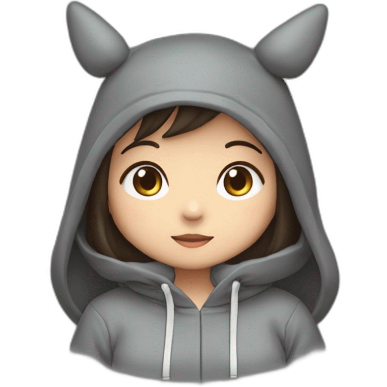 Fille Brune avec un sweat-capuche Totoro gris foncé avec les rond clair de Totoro sur ventre  emoji