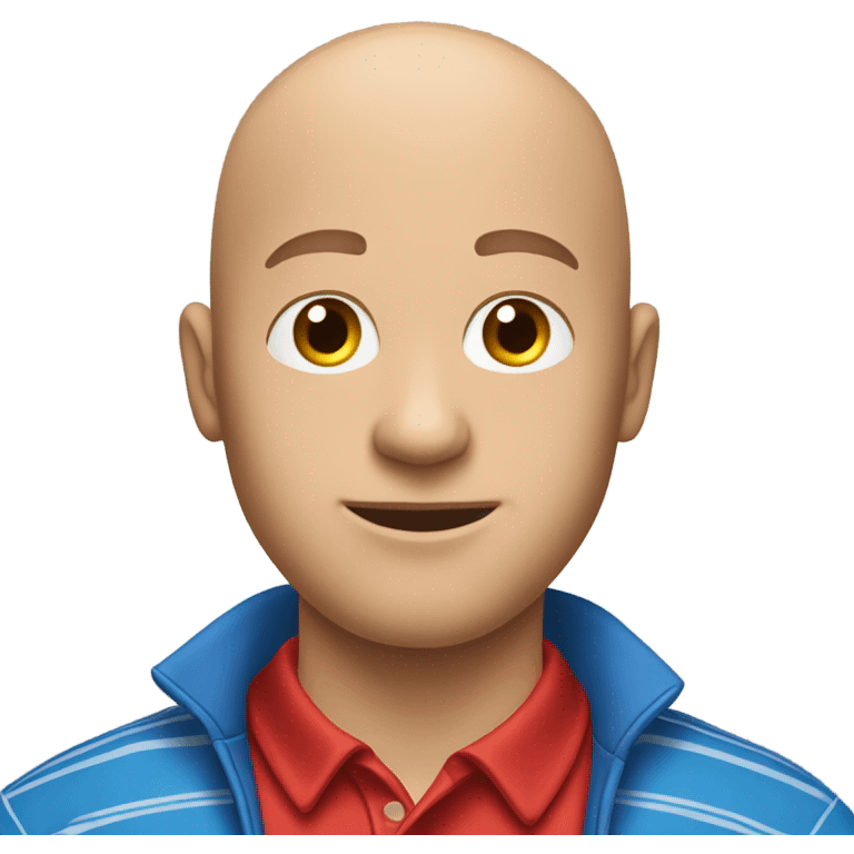 Bald man wearing red polo tee with blue stripes in the middle, with his right hand up and his left hand down emoji